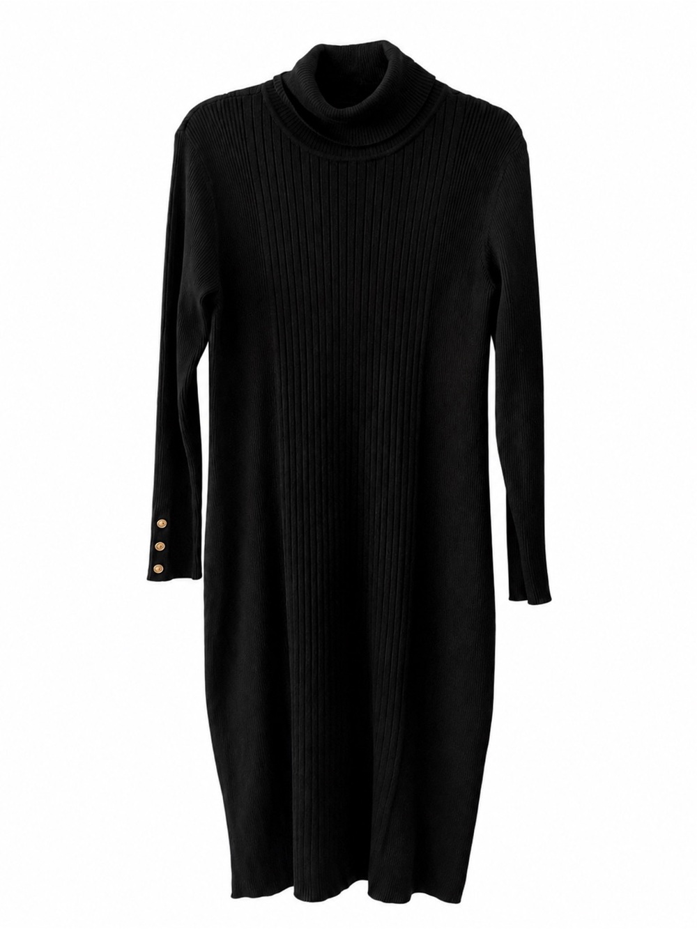 Anne Klein Black Ribbed Turtleneck Sweater Dress with Gold Button Cuffs - Size L